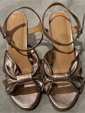LOFT Metallic Gold Bow Ankle-Strap Sandals